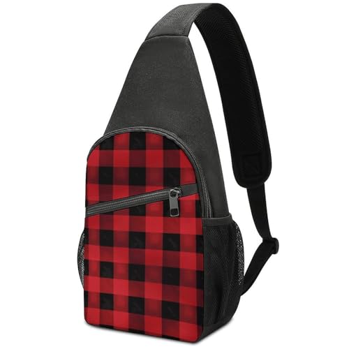 Mochila cruzada ligera con diseño cuadros rojo y negro para senderismo miniatura 1