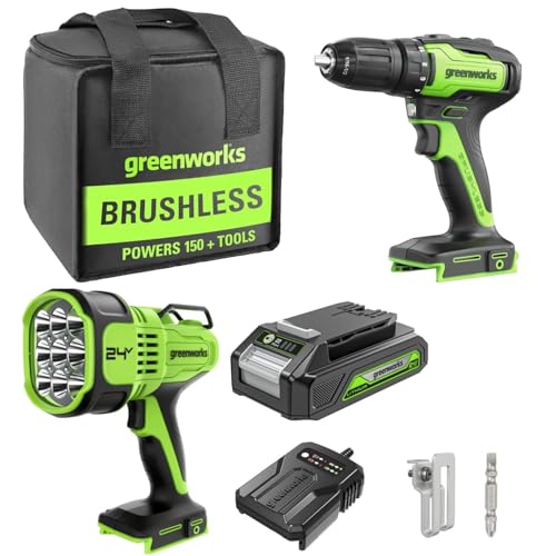 Greenworks 24V Perceuse-visseuse 35Nm et projecteur 3000 lumens, avec batterie 2Ah et chargeur