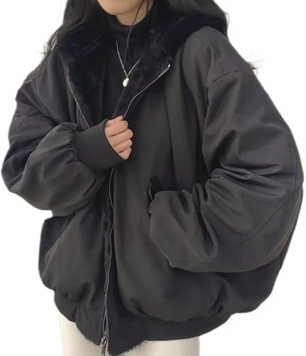 Chaqueta Sherpa para Mujeres Adolescentes Chicas Reversibles y2k Zip up up up coankre piqué Grunge Abrigo de Invierno Ropa Coreana, Negro, l