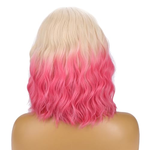 Image of BERON Light Blonde Ombre Pink Wigs Short Curly Wave Wigs for Women Girls Shoulder Length Wavy Heat Resistant Synthetic Wig Cosplay Costume Party or Daily