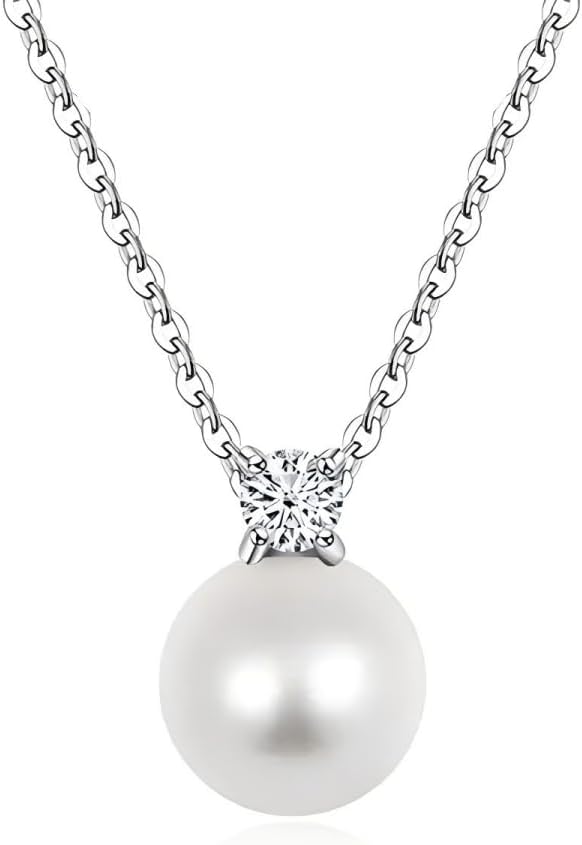 Aleasha 925 Sterling Silver Single Pearl Necklace White Black Pearl Cubic Zirconia Pendant Necklace for Women Wedding Jewelry Gifts