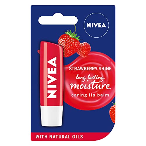 NIVEA Lip Balm Fruity Shine Strawberry (4.8g, Pack of 12), Moisturising Lip Balm Enriched with Natural Oils, Shimmery Lip Gloss for Girls for 24h Hydration, Lip Care