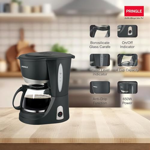 Image of PRINGLE Mocha 4 Cup Drip Coffee Maker | 650W | 600 ml Capacity | Anti-Drip & Keep Warm Function | Auto Pause Feature | Front Access Brew Basket | Glass Carafe | Ideal for Home & Office