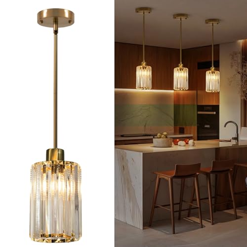 3-Pack Gold Crystal Pendant Lights for Kitchen Island, Adjustable Modern Hanging Light Fixtures for Flat or Sloped Ceiling, E26 Mini Pendant Lights with Crystal Glass Shade for Dining Room Bar