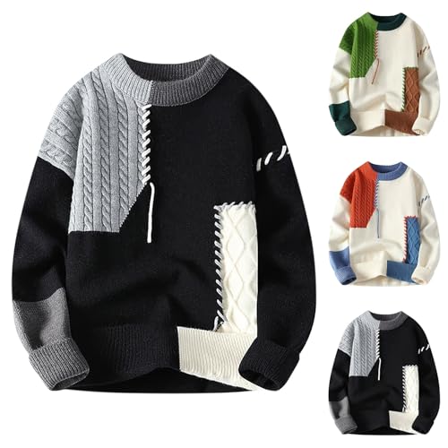 uhnmki Patchwork Sweater Mens Colorblock Jumper Cable Knitted Pullover Oversized