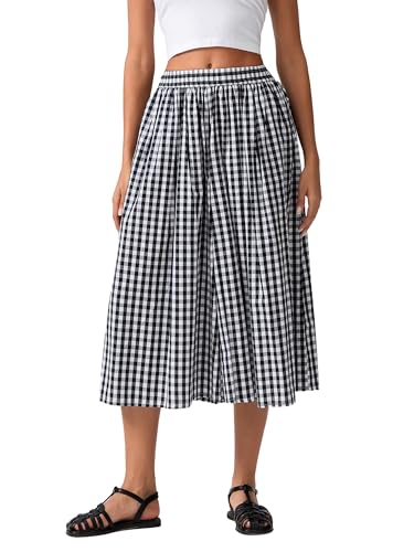 Felcia Women's Y2k Plaid Capri Culottes Elastic Waistband Wide Leg Loose Casual Pull On Trousers with Side Pocket (A-Black, S)