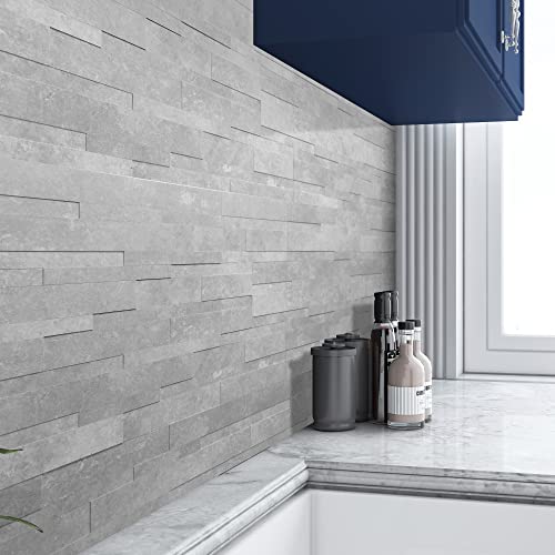 Sunwings Backsplash Tile For Kitchen Peel And Stick, 24 Inch X 6 Inch 10 Sheets 3D Stone Composite Self Adhesive Tiles Rectangle Mosaic Wall Tile For Kitchen, Bathroom, Fireplace Gray #TOP4