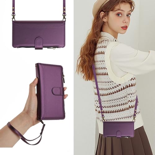 PONRFEKT Funda para Huawei P20 Pro con 2 Cuerda,Magnético Flip Billetera Cremallera Funda Cuero con 9 Ranuras para Tarjetas,Carcasa con Kickstand,Morado