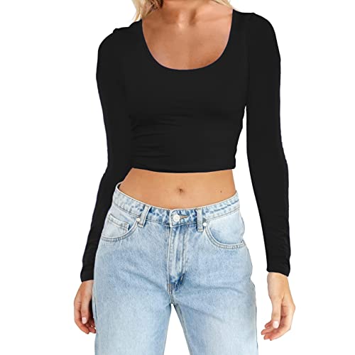 2026 Novedades Camiseta Mujer Mujer Moda Ligero Yoga Crop Tops Slim Fit Manga Larga Entrenamiento Camisetas Blusa, Negro , S