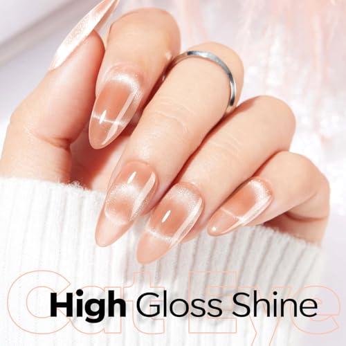 Image of modelones Nude Cat Eye Gel Nail Polish Nude Gel Polish Jelly Glass with Magnet Holographic Glitter Shimmer Translucent Sheer Color Magnetic Nail Polish 15 ML