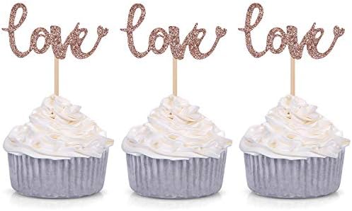 24 Glitter Love Cupcake Toppers Wedding Bridal Shower Engagement Party Decoration Picks - Rose Gold