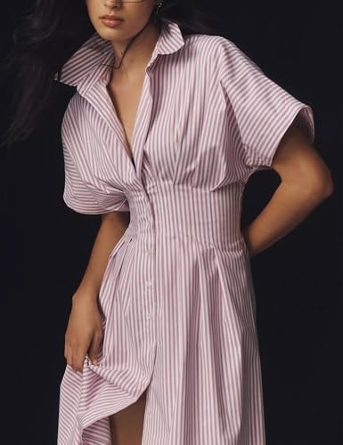 Image of Women Striped Button Front Pleated Maxi Shirt Dress Short Sleeve Collar Summer Casual Purple Corset Long Dress