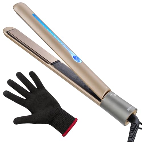Image of NITION Ceramic Tourmaline Hair Straighteners LCD Flat Iron MCH 10s Fast Heating Up. 1 inch Smooth 3D Floating Plate Healthy Straightening Tools. Heat-Proof Glove. Dual Voltage Travel. Champagne Gold