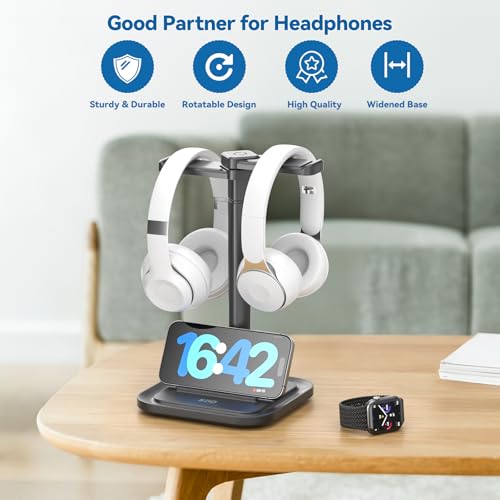 KDD Dual Headphone Stand for Desk - Rotatable Headset Hanger with Phone Holder - Removable Non-Slip Base for Gamers Desktop Accessories - Image 5