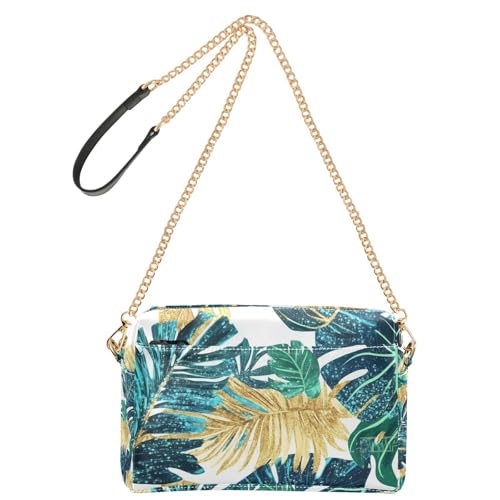 susiyo Green Teal Blue Gold Tropical Leaves Pattern Crossbody Bags for Women PU Leather Crossbody Purse Small Shoulder Handbag Purses for Girls