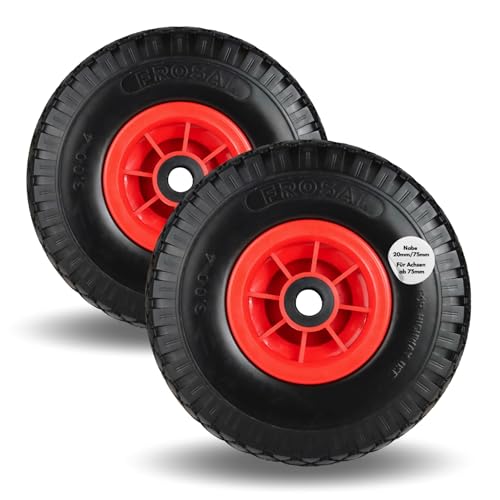 FROSAL PU Rad 260 mm 3.00-4 – pannensicheres Ersatzrad für Sackkarre und Bollerwagen – Reifenbreite ca. 85 mm – Nabe Ø20×75 mm – Kunststofffelge rot – Rollenlager – wartungsfrei geruchsarm – 2er Set