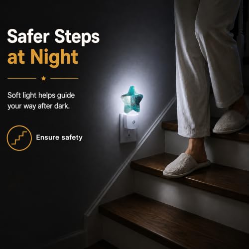 Image of Star Night Light Plug in, Blue Graffiti Dusk to Dawn Sensor Night Light, Soft Glow Lamp for Kids Bedroom Nursery Hallway Bathroom, Energy Saving Compact Design