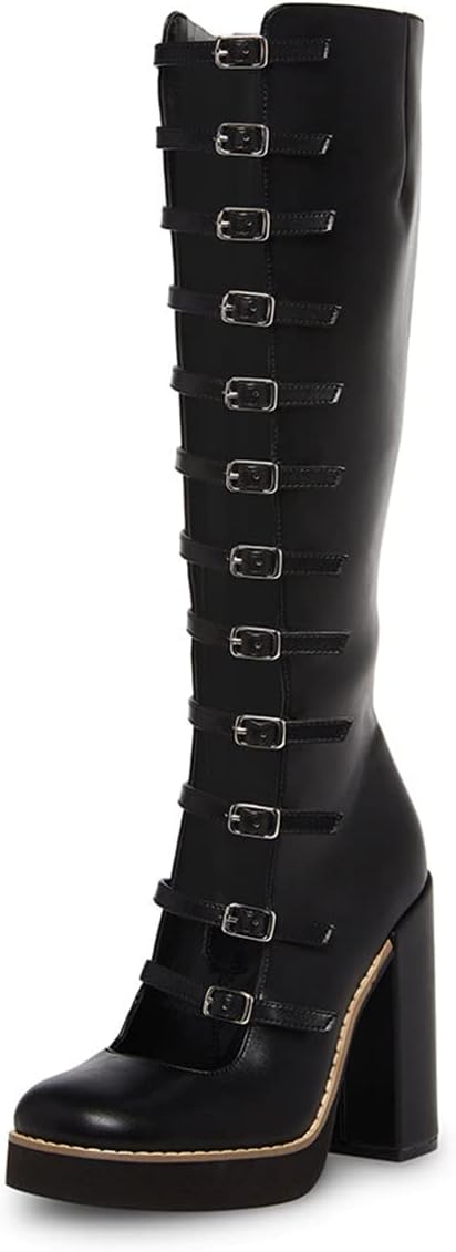 FSJ Women Fashion Straps Buckle Round Toe Knee High Boots Chunky High Heel Casual Walking Ladies Platform Shoes Size 4-15 US