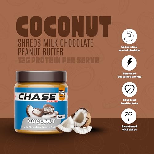 Image of Chase High Protein Peanut Butter Creamy 400g | With Isolate Whey & 120g Protein in Jar | 12g Per Serve | Milk Chocolate Coconut Flavour with Coconut Shreds | Nut Butter for Breakfast, Fitness & Gym