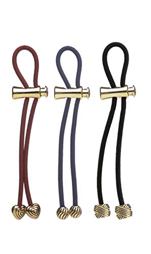 Pulleez Sliding Ponytail Holder, Set of 3 - Gold Heart/ Swirl/ Knot Metal Charms - Brown Elastic Hair Tie Bracelet