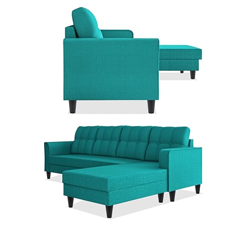 Image of Adorn India Maddox Tufted L Shape 5 Seater Sofa Wood Sofa Set RHS (Aqua Blue) (3 Year Warranty)