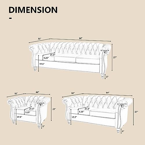 Image of QHITTY 2 Piece Living Room Set, Sectional Chesterfield Sofa Chair Contemporary Upholstered Leather Loveseat Couch Sets for Living Room, Bedroom, Office (Grey)