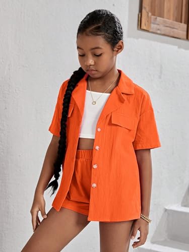 Image of WDIRARA Girl's 3 Pieces Outfit Short Sleeve Button Front Shirt with Camisole and Shorts Set