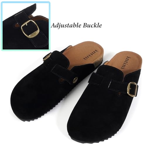 Image of Genuine Suede Clogs Womens Mens Cork Footbed Sandals Potato Shoes | Unisex Suede Leather Mules ,Arch Support,Adjustable Metal Buckle,Cork and Rubber,Wonderful Quality