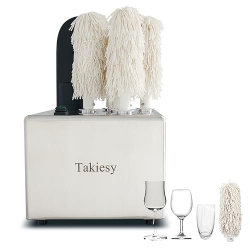 Takiesy Commercial Glass Polisher Machine with 6 Microfiber Brushes 330 Cups/Hour 136 Warm Air Drying & LFGB Certified Heads Stainless Steel Build for Wine Beer Glasses in Bar Restaurant Hotel