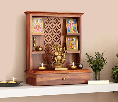 Image of Solid Sheesham Wood Temple for Home & Office /Mandir /God Stand /Pooja Stand /Home Mandap /Mandapam with Cabinet Doors & Multiple Storage /Shelf with Drawers (Honey3, 20x15x28 inch)