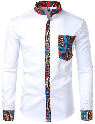 ZEROYAA Men's Hipster Patchwork Design Slim Fit Long Sleeve Button up Mandarin Collar Shirts ZZCL45 White Small