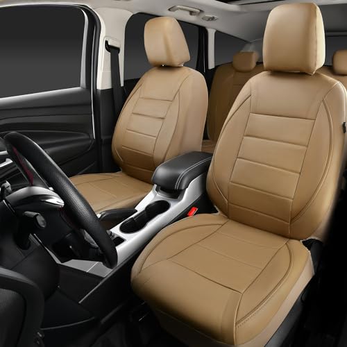 Image of CAR PASS Piping Leather Seat Cover,Universal FIT with Composite Sponge Inside,Airbag Compatible and Reserved Opening Holes,Inside zipper for Cars,Sedan,SUV,Truck(Full Set,Beige with Tan Piping-Stripe)