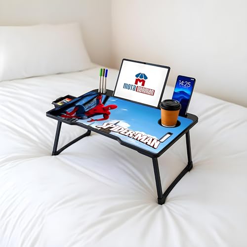 Image of Foldable Wooden Laptop Bed Tray Table, Multifunction Lap Tablet Desk with Cup Holder, for Eating Breakfast, Reading Book, Working, Watching Movie on Bed (Spiderman)