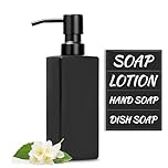 Black Soap Dispenser with Stainless Steel Pump 350ml matt square hand dish handwash bottle for bathroom kitchen, Shampoo and Conditioner dispenser with Waterproof and oil-proof labels 350ml/12.3oz