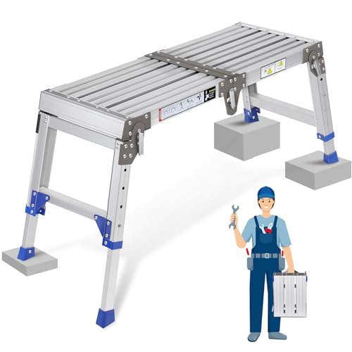 Plataforma de trabajo de aluminio mejorada plegable hasta 362 kg, plataforma de trabajo, escalera escalonada de aluminio ajustable con cerraduras de seguridad, pedestal para escaleras