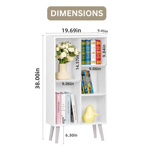 Image of Callas Wooden Book Shelf with 5 Open Storage Compartments | Engineered Wood Display Rack with Legs | Modern Book Organizer for Kids Room Study Office Living Room (White)