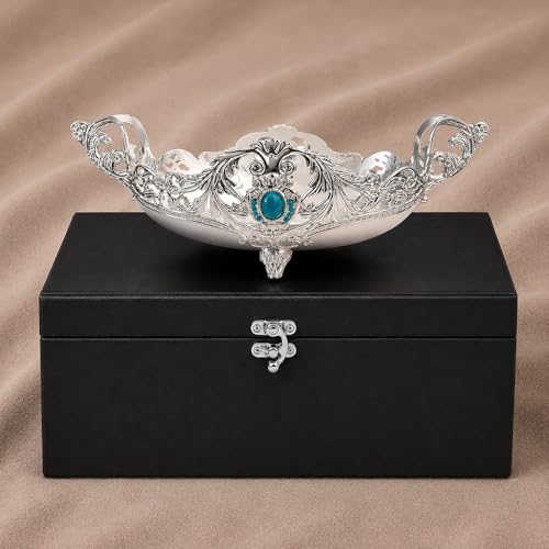 Image of Diviniti German Silver Decorative Blue Stone Bowl|Luxury Serving Bowl with Handles|Vintage Silver Platter for Dining Table, Home Decor, Centerpiece, Gifting|Elegant Metal Fruit Basket with Gift Box