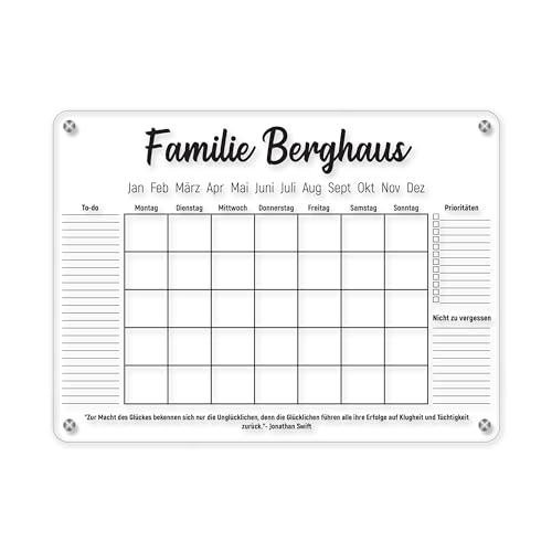LAUBLUST Personalisierter Acrylglas Wandkalender - A2, A3, A4 Format | Familienplaner mit Familienname & Wunschtext - Großer Wochenplaner & Monatsplaner als Familienkalender | Jahresplaner abwischbar