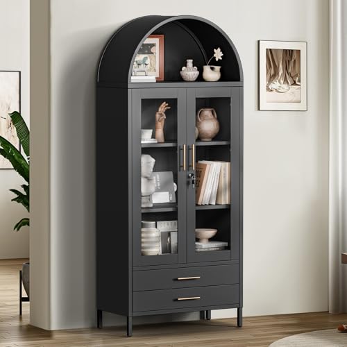 Holiwei 73" Tall Arched Cabinet, Metal Kitchen Pantry with Glass Doors, Modern Display Cabinet with 2 Drawers and 2 Adjustable Shelves for Living Room by Holiwei - Image 7