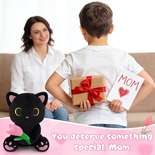Image of Black Cat Plush Holding Pink Tulip - 8 inch Kawaii Stuffed Cat with Flower, Soft Cute Plush Toy for Mom, Cute Stuffed Animals for Girls & Kitten Lovers