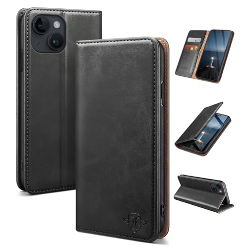 Étui anti-RFID iPhone 15 Plus cuir noir pour éviter le vol de données bancaires