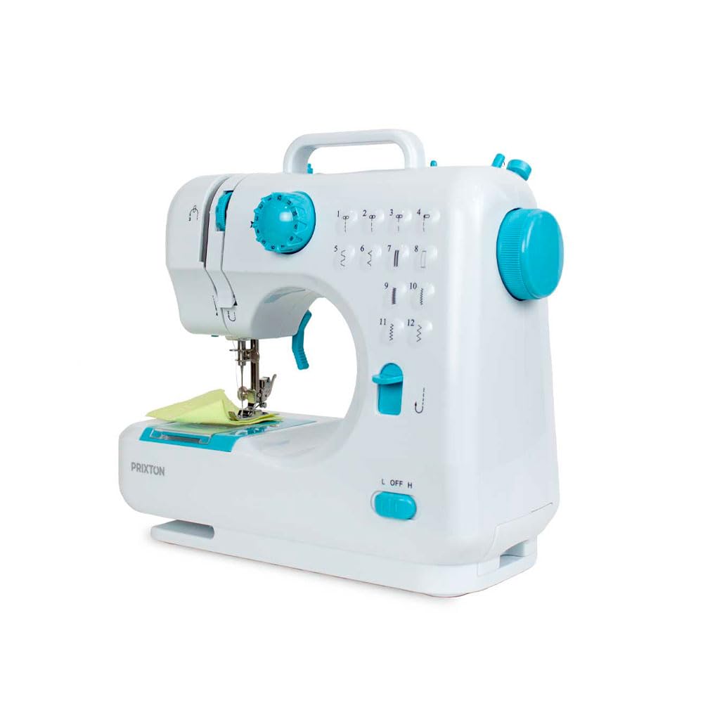 PRIXTON P110 - Mini Maquina de Coser Portatil con Cajón para Accesorios, Lámpara Integrada y 12 Tipos de Puntadas Diferentes, Incluye Pedal, Dimensiones 26x25x11.5 cm (Reacondicionado) (Azul)
