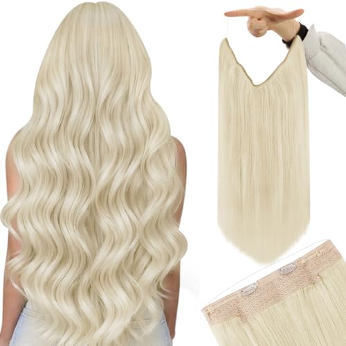 Image of YoungSee 125G Wire Hair Extensions Platinum Blonde Invisible Wire Extensions Thick Remy Hair One Piece Hair Extension for Full Head 16 Inch