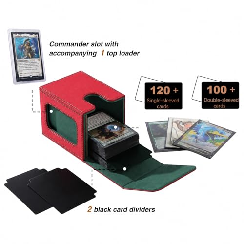 Image of Venssu MTG Deck Box with Commander Display, Card Deck Box Fits 100 Double Sleeved Cards, TCG with 2 Dividers and 1 Toploader (Red and Green)