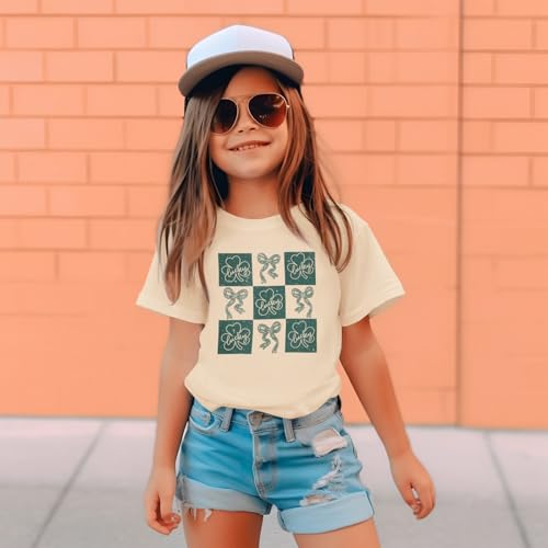 Image of Kid Girls St. Patricks Day Shirts Bow Lucky T-Shirt Shamrock Tees Clover Short Sleeve Tops Irish Outfits 7-12 Years