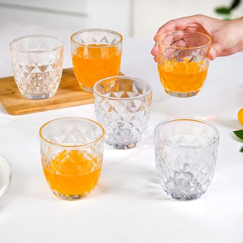 Image of Nestasia Transparent Small Juice Glasses Set of 6 (260 ml Each) - 100% Food Safe & Dishwasher Safe Diamond Textured Tumblers - Ideal for Water, Tea, Coffee & Refreshments - Perfect for Gifting