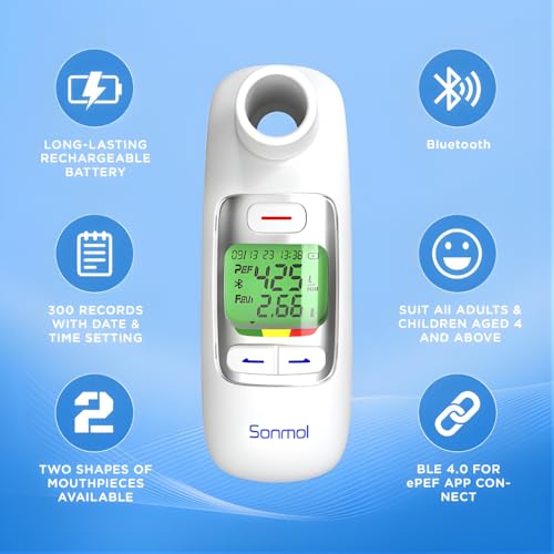 Image of B-Arm Sonmol Digital Peak Flow Meter with Bluetooth | Built-In Memory Stores 300 Readings | Pulmonary Function Meter with PEF & FEV1 for Lung Health Monitor | Asthma COPD Spirometer for Kids & Adults
