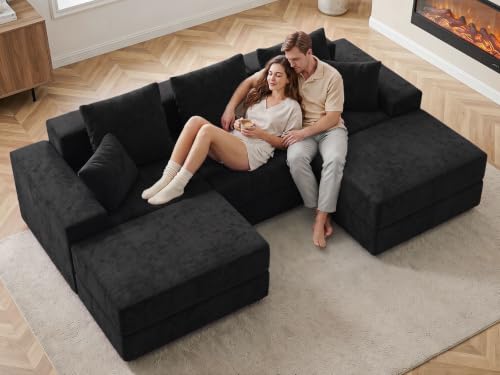Image of Living&Giving 101 inch U-Shaped Cloud Sectional Couch for Living Room, Cloud Boneless Couch-No Assembly with Reversible Chaise, Customizable 3-Seat Modular Sectional Sofa with 2 Ottoman, Black
