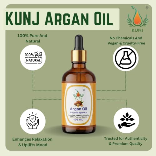 Image of KUNJ Argan Oil for Hair, Face, Skin & Nails 100ml - 100% Pure & Natural Cold Pressed Undiluted Carrier Oil | Helps Moisturize Skin, Nourish Hair, Control Frizz & Add Shine | Lightweight Beauty Oil