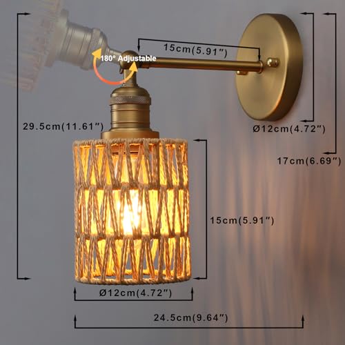 Image of Yosoan Rattan Boho Wrapped Wall Sconce Light, Indoor Hardwired Hand-Woven Farmhouse Vintage Wall Lamps, Brass Handmade Braided Rope Small Straight Shade Wall Mount Fixture for Reading Hallway(Antique)
